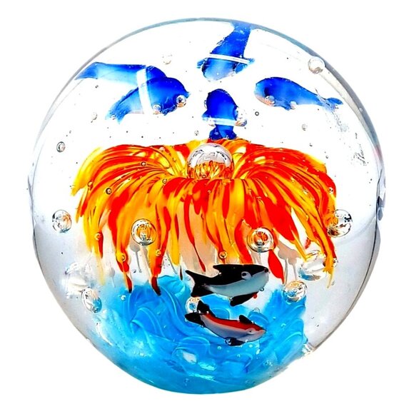 Murano Glass Tropical Fish Aquarium Art Paperweight 4.5" X 4.15" Handcrafted Wit - Picture 2 of 15